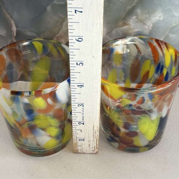 Hand Blown Drinking Glasses 4" Set of 2 Multicolor Dotted Tumbler - Picture 6 of 7